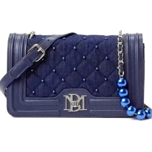 Badgley Mischka Pearl Diamond Quilted Denim Blue Vegan Leather Crossbody NWT - Picture 1 of 14
